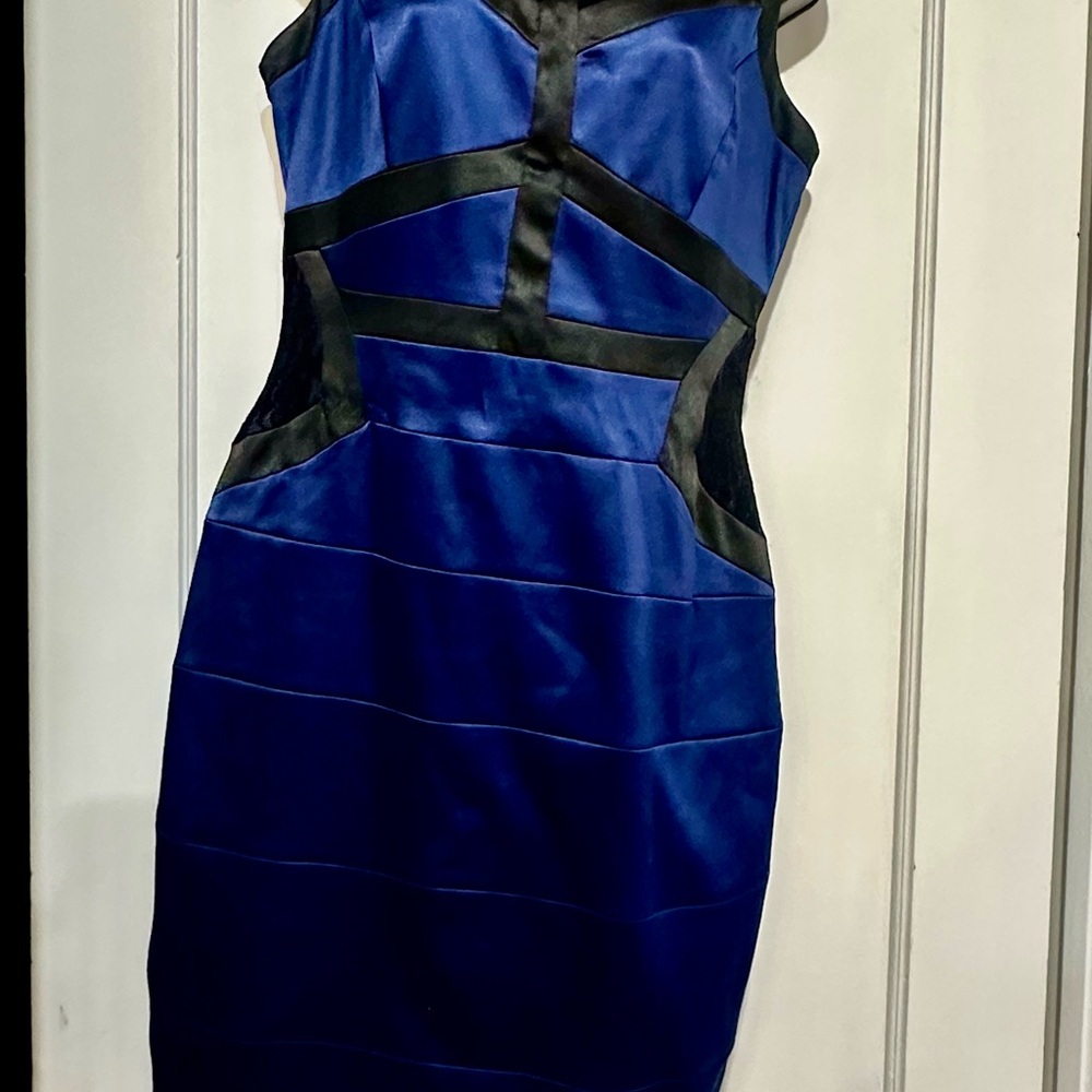 Signature by Sangria Cobalt Blue Mini Dress with Black Paneled Accents